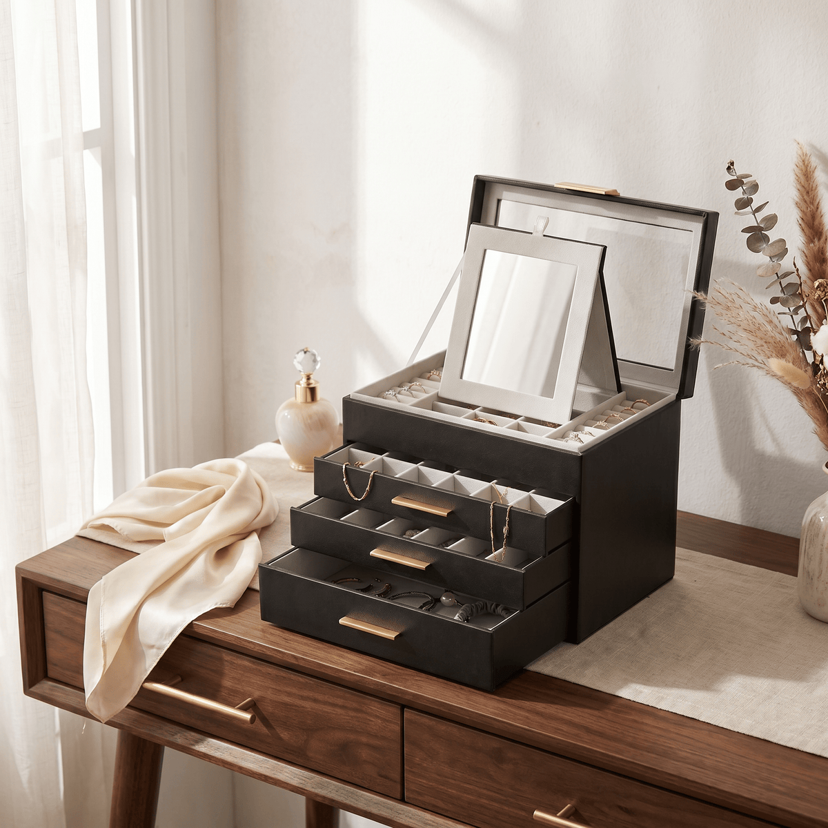 4 Layer Leather Jewellery Box With Glass Top - My Jewellery Box