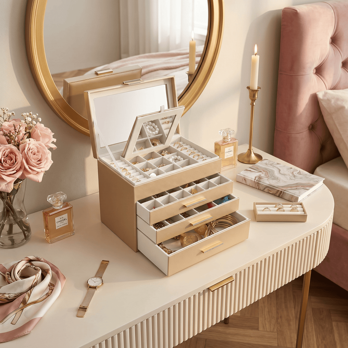 4 Layer Leather Jewellery Box With Glass Top - My Jewellery Box