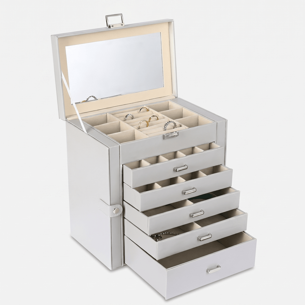 5 Drawer Leather Jewellery Box With Mirror - My Jewellery Box