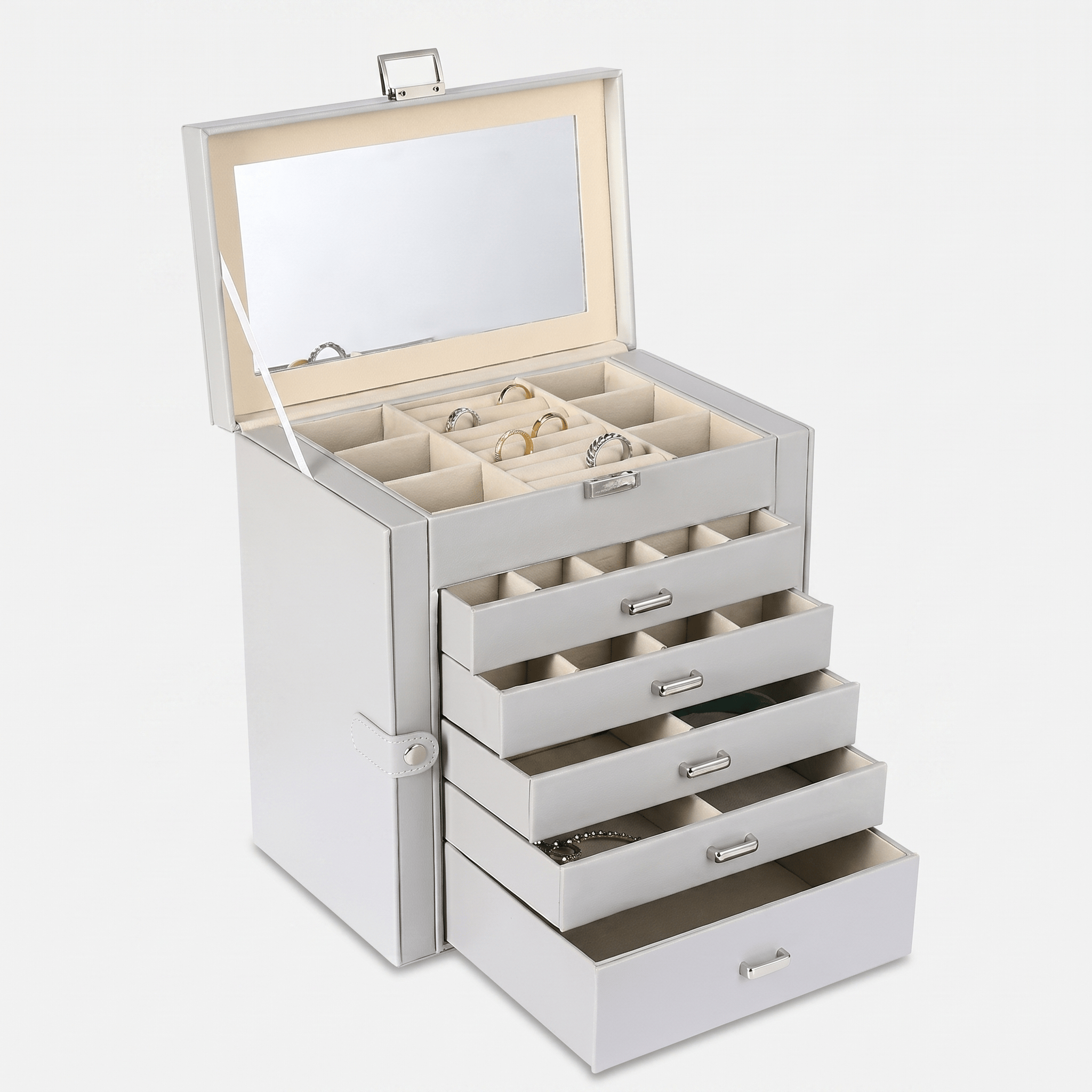 5 Drawer Leather Jewellery Box With Mirror - My Jewellery Box