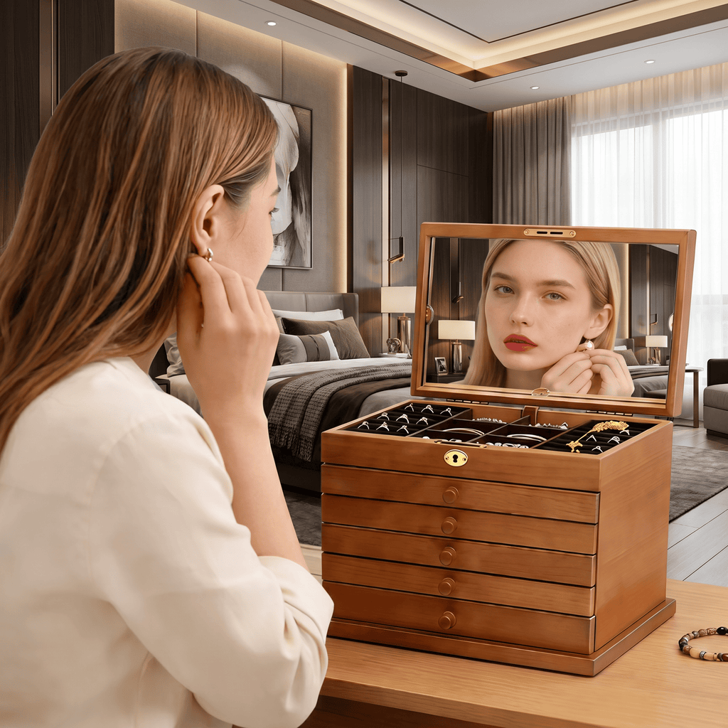 6 Drawer Wooden Jewellery Box With Mirror - My Jewellery Box
