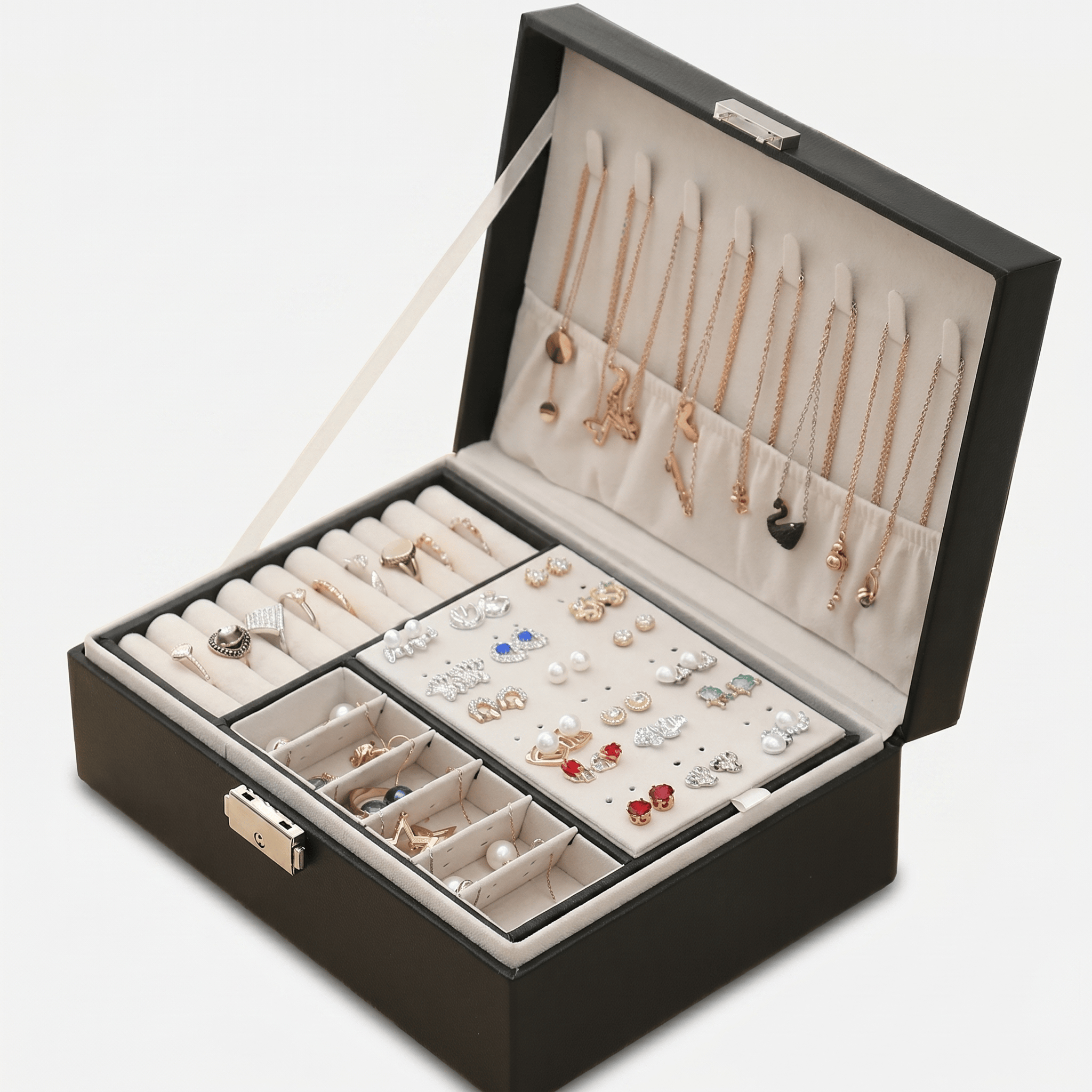 Double Layer Leather Jewellery Box With Lock - My Jewellery Box