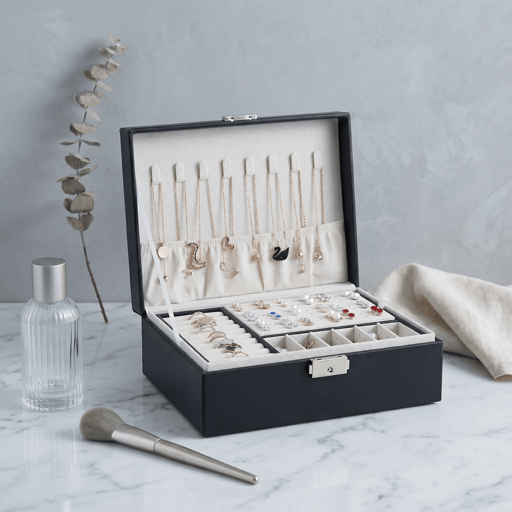 Double Layer Leather Jewellery Box With Lock - My Jewellery Box