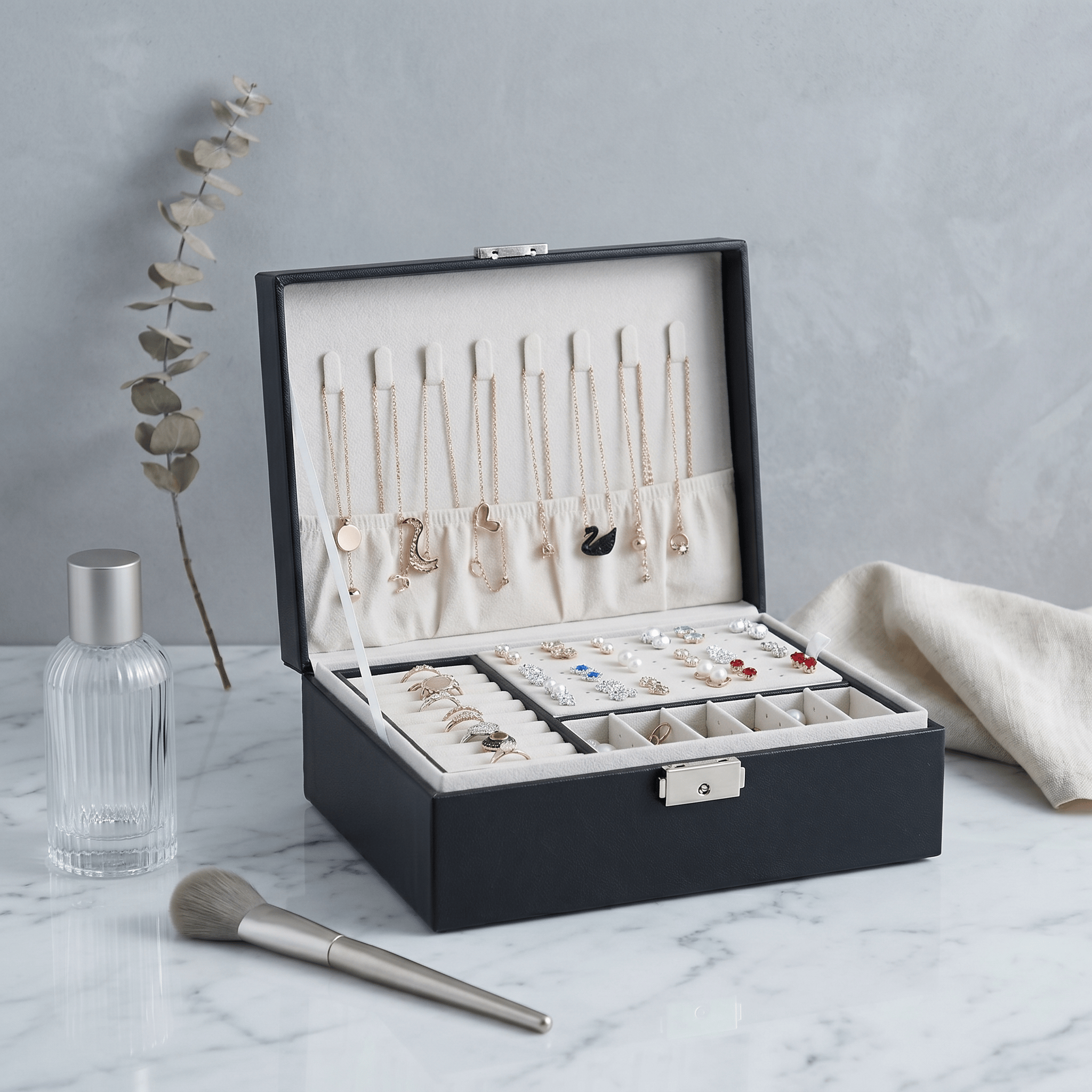 Double Layer Leather Jewellery Box With Lock - My Jewellery Box