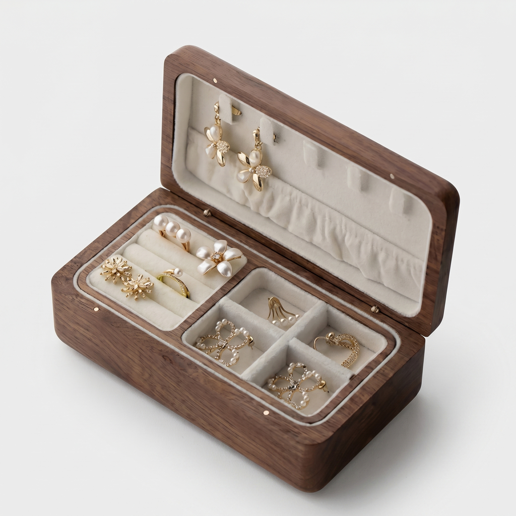 Walnut Wood Jewellery Box with Velvet Compartments
