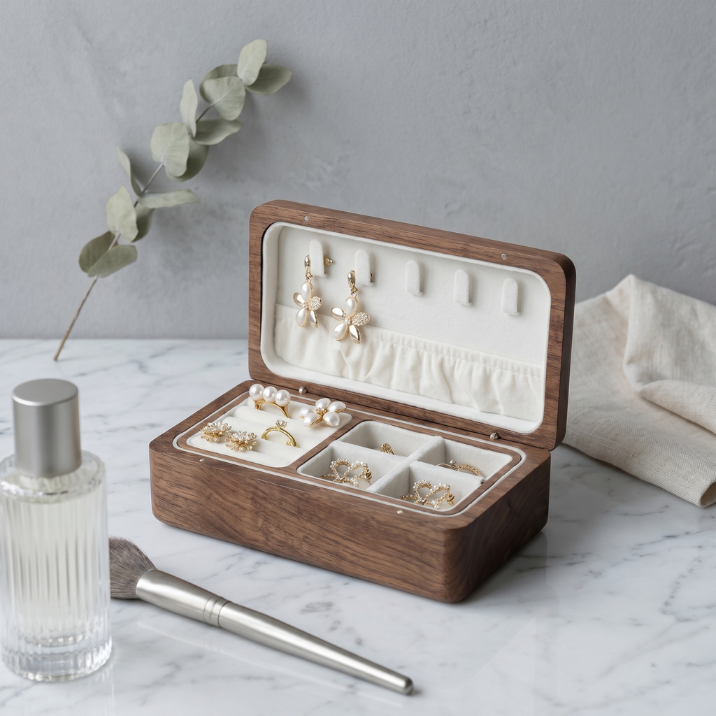 Walnut Wood Jewellery Box with Velvet Compartments