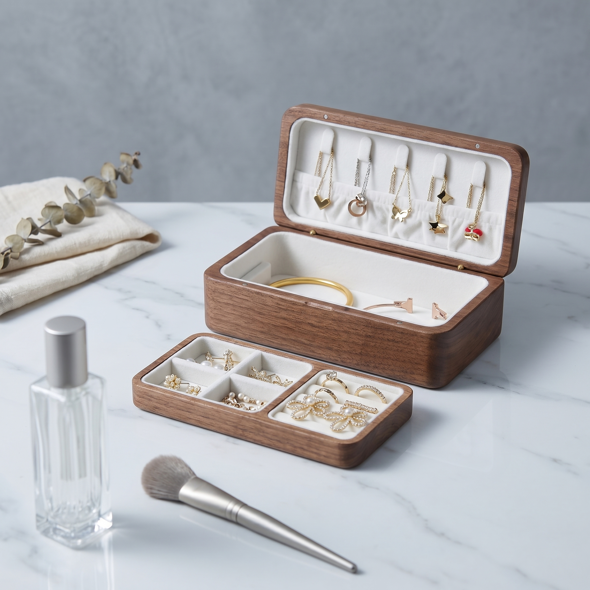 Walnut Wood Jewellery Box with Velvet Compartments