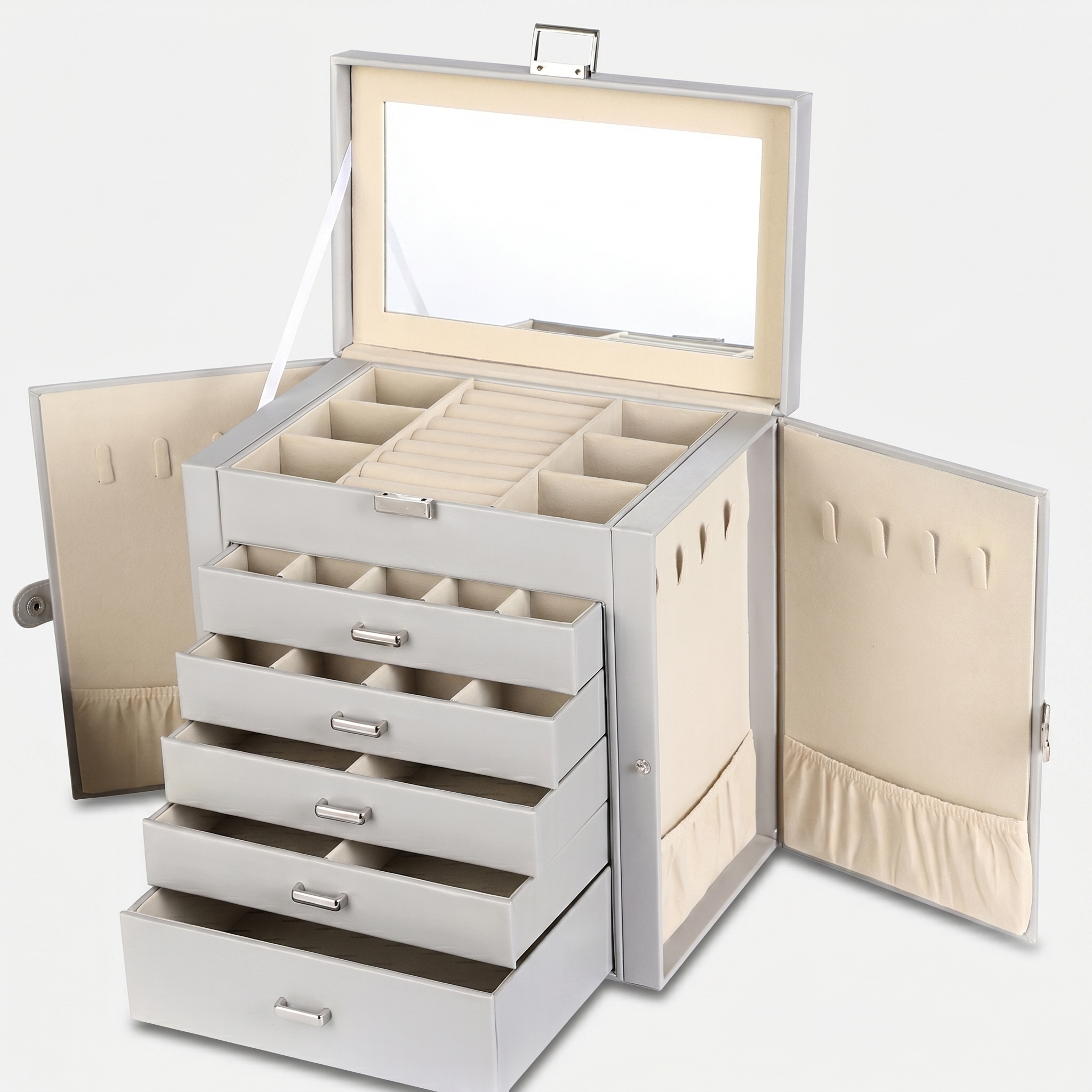 5 Drawer Leather Jewellery Box With Mirror