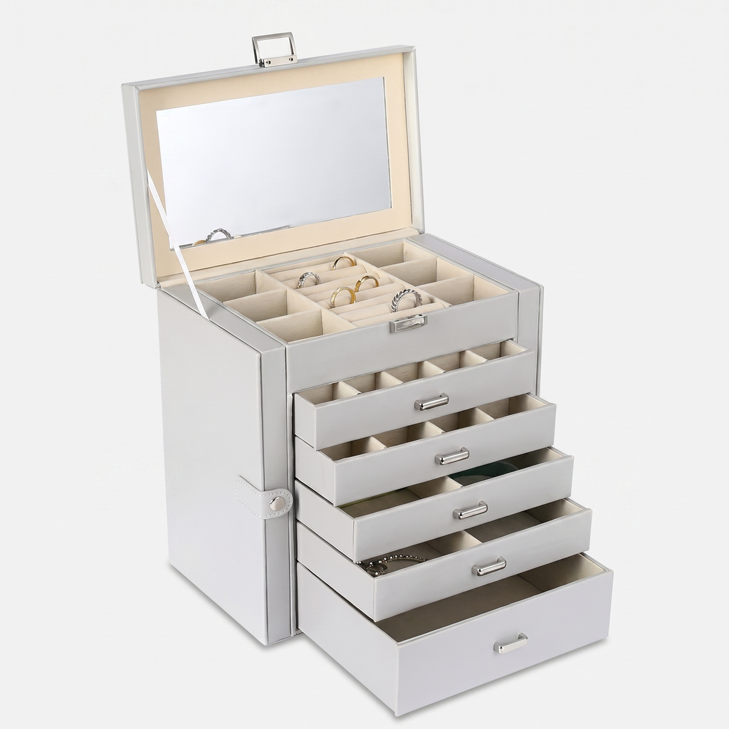5 Drawer Leather Jewellery Box With Mirror