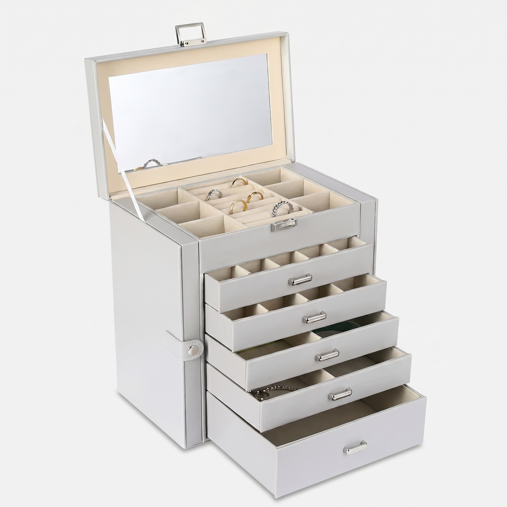 5 Drawer Leather Jewellery Box With Mirror