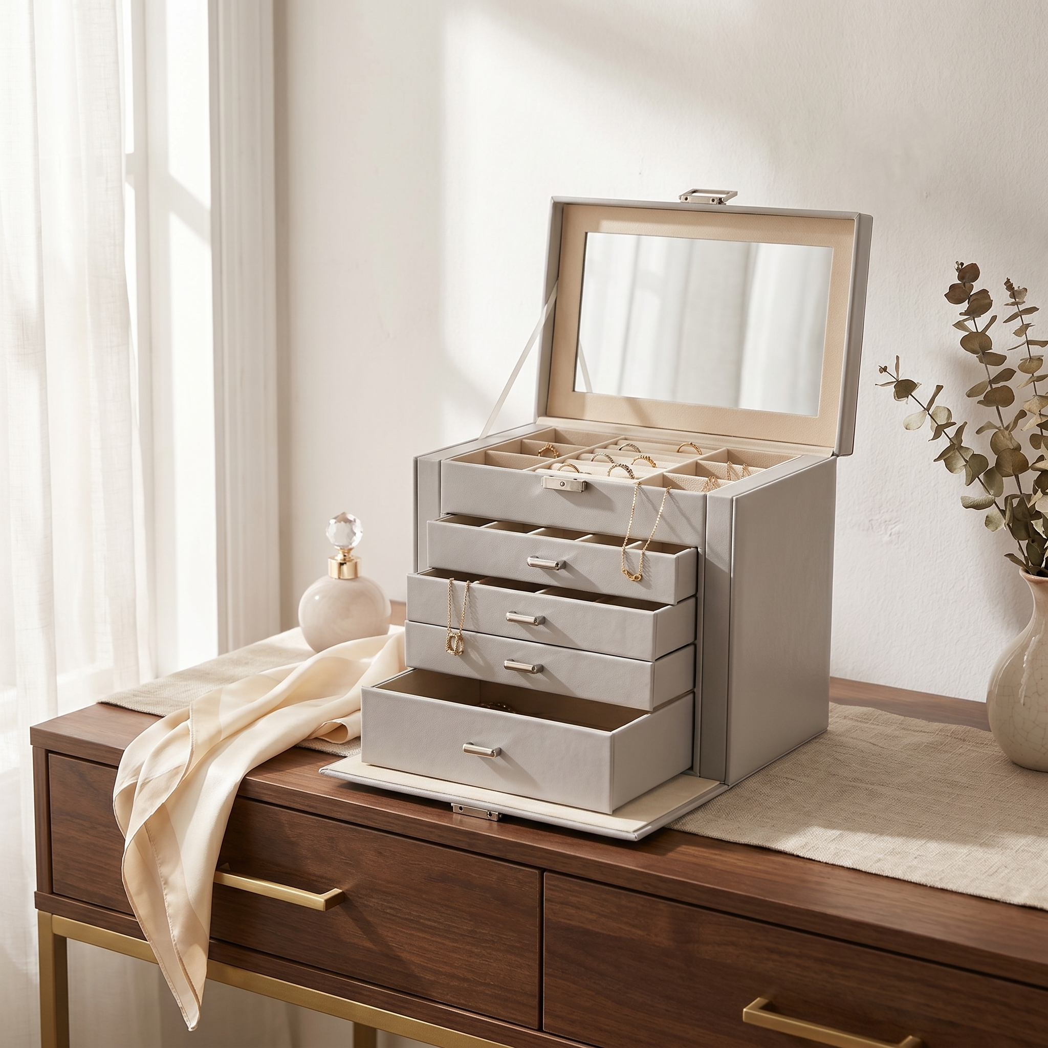5 Drawer Leather Jewellery Box With Mirror