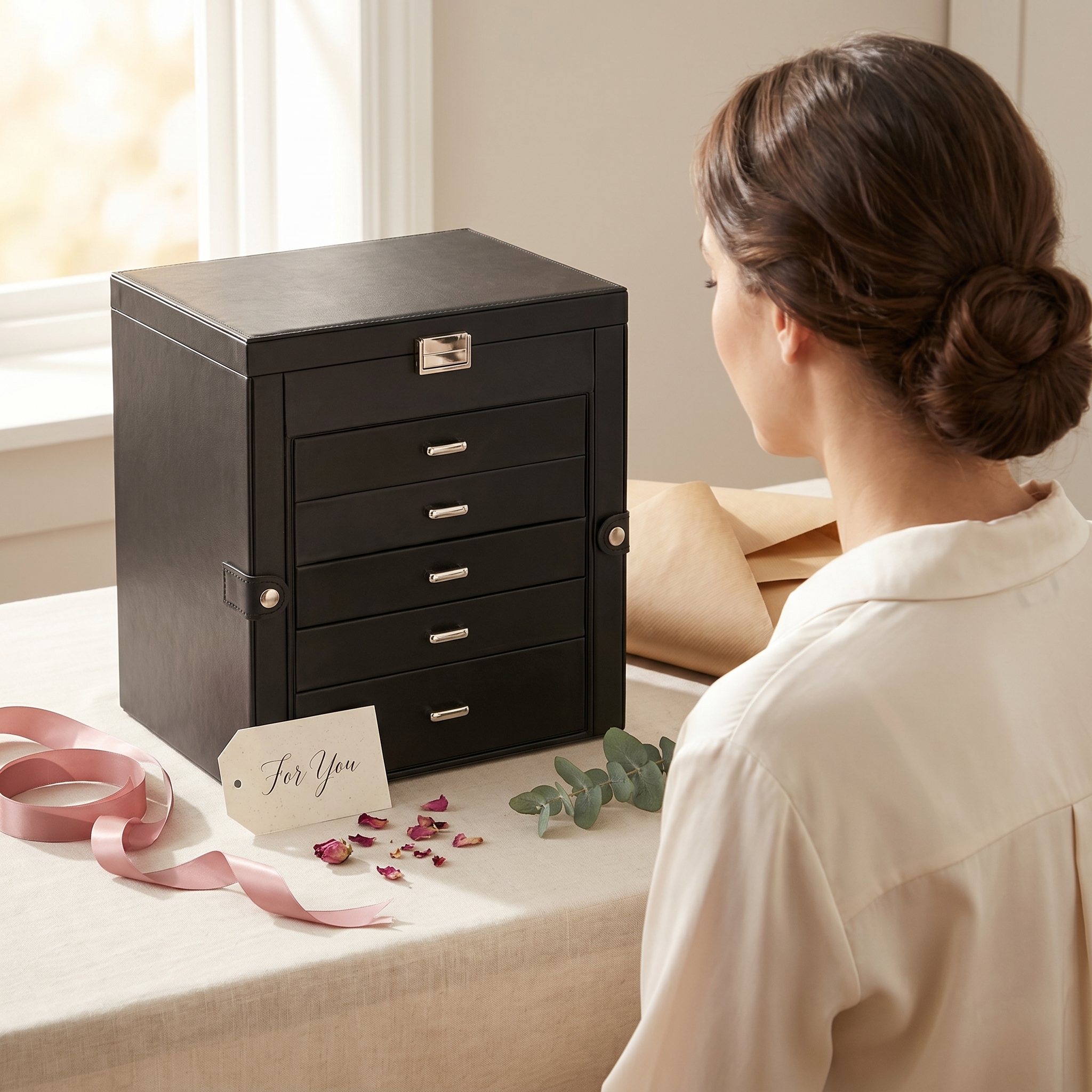 5 Drawer Leather Jewellery Box With Mirror