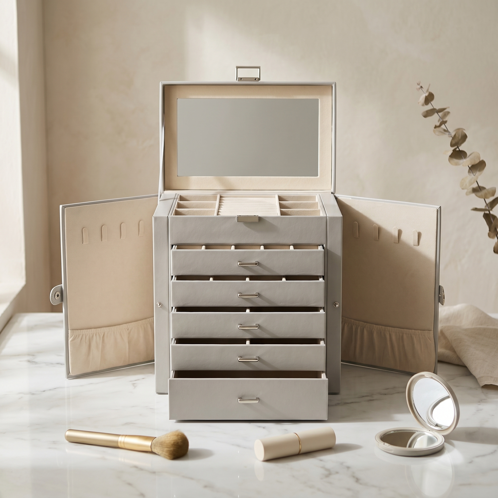 5 Drawer Leather Jewellery Box With Mirror