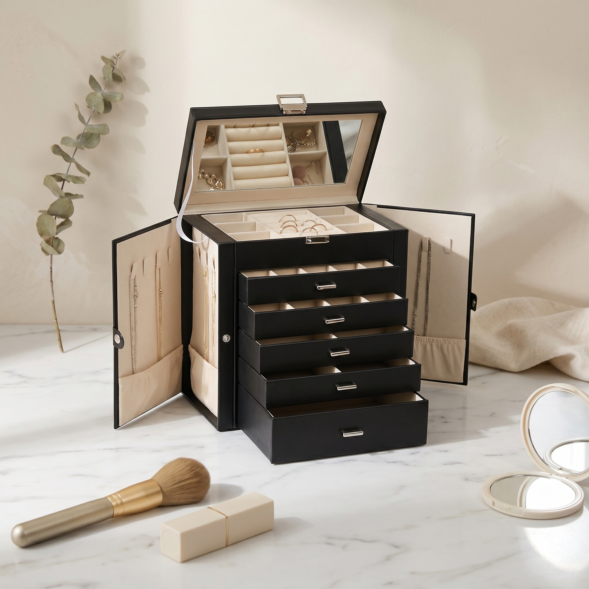 5 Drawer Leather Jewellery Box With Mirror