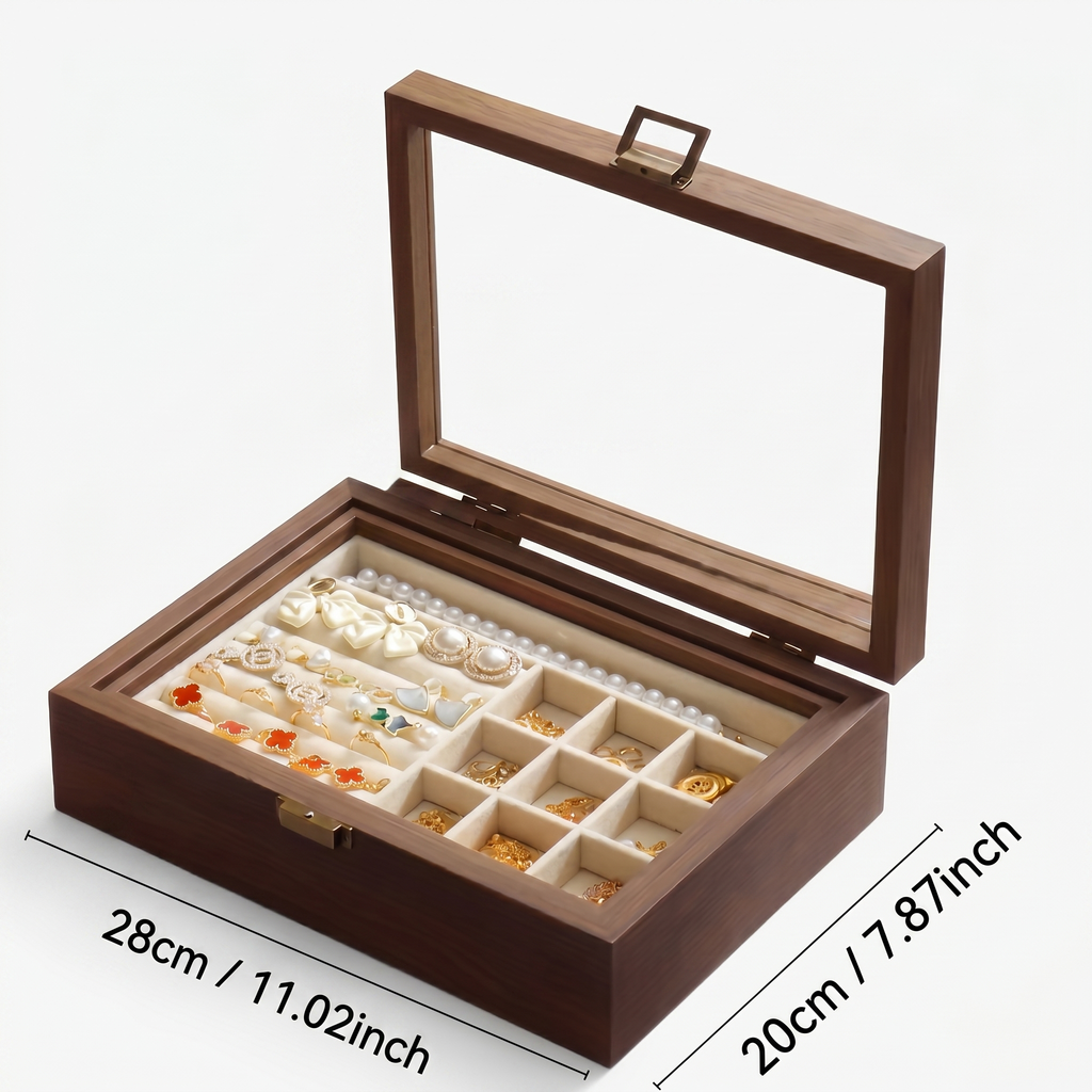 Large Wooden Jewellery Box With Glass Lid