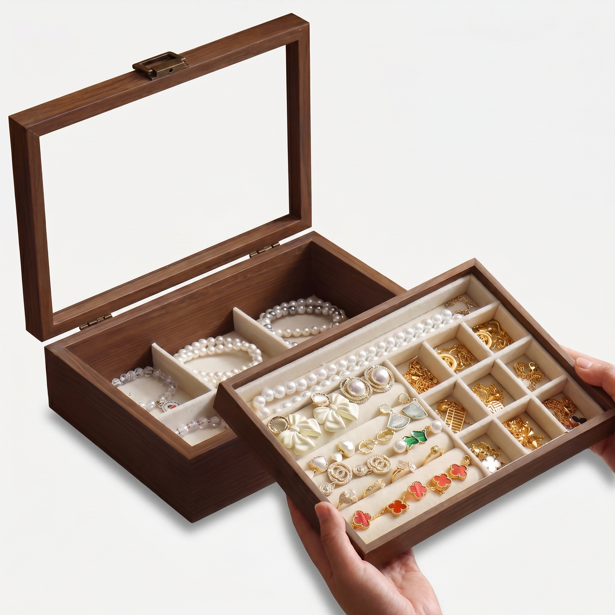 Large Wooden Jewellery Box With Glass Lid