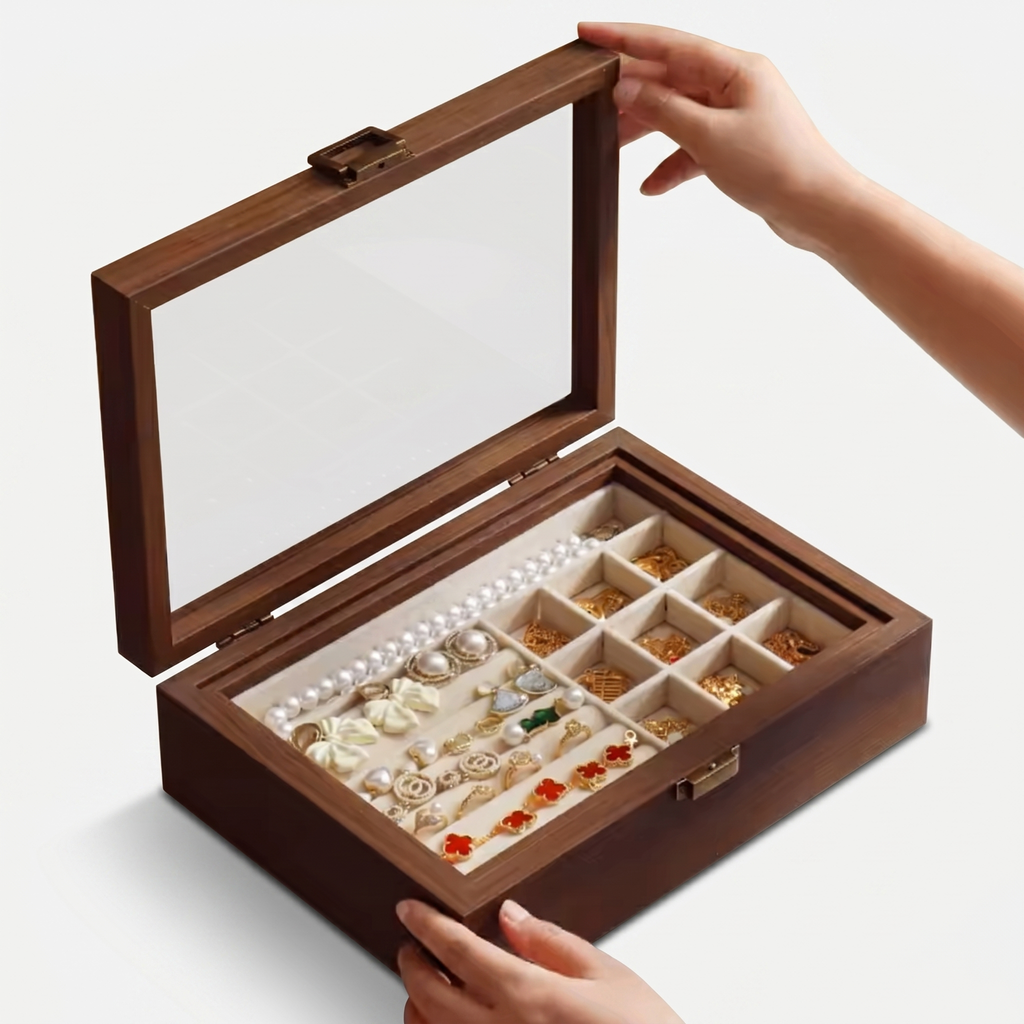 Large Wooden Jewellery Box With Glass Lid