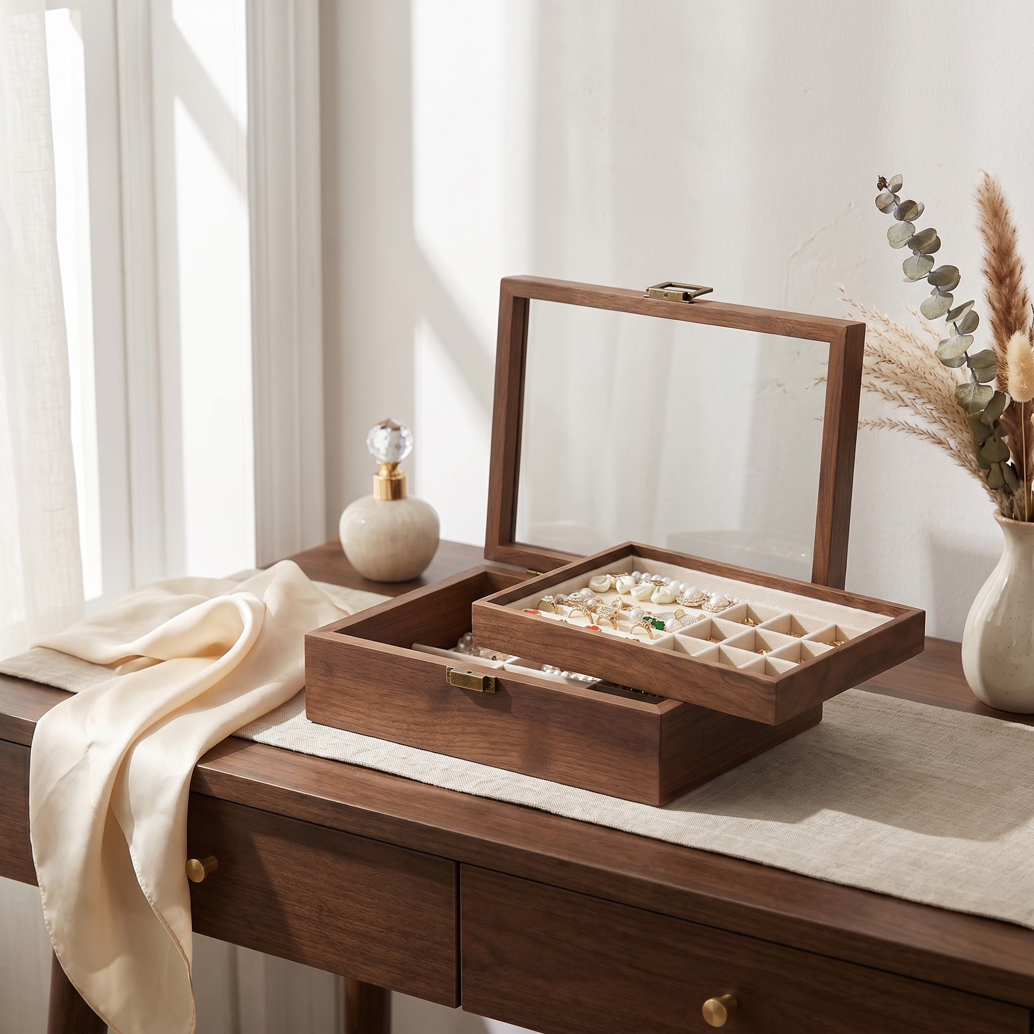 Large Wooden Jewellery Box With Glass Lid