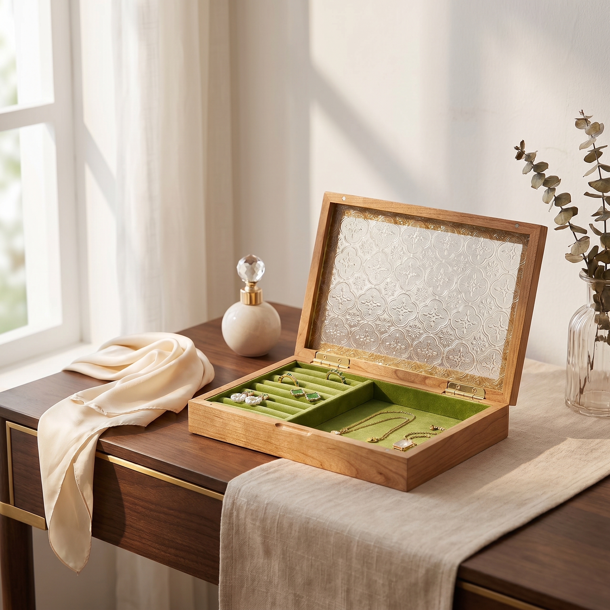 Wooden Jewellery Box With Glass Lid