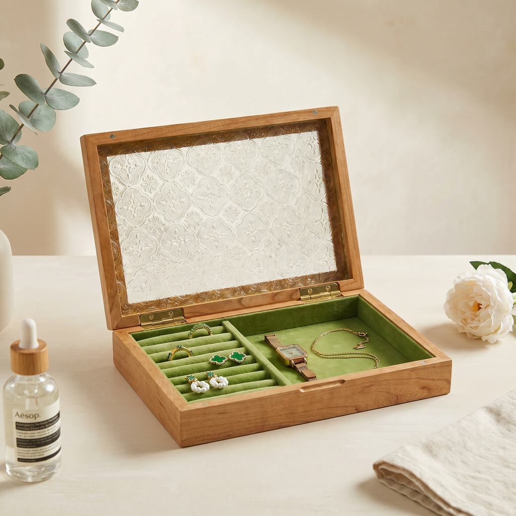 Wooden Jewellery Box With Glass Lid