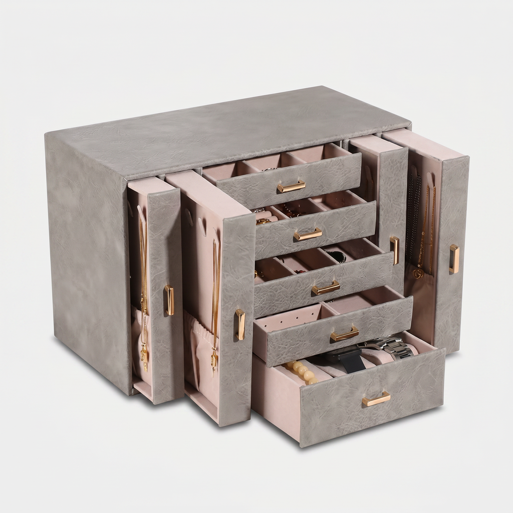 Large Multi-Layer Leather Jewellery Box With Drawers