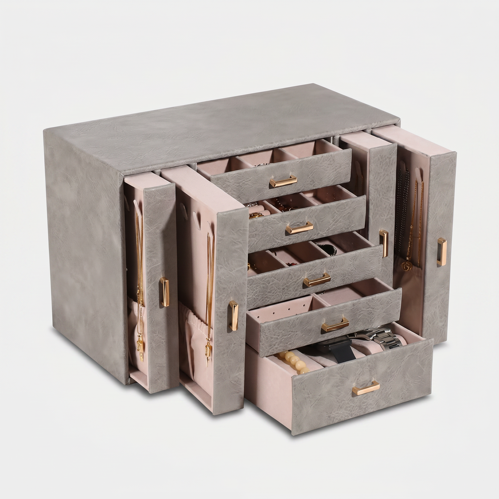 Large Multi-Layer Leather Jewellery Box With Drawers