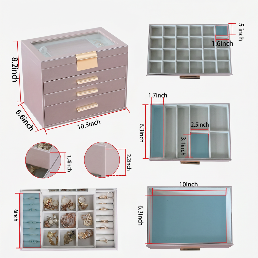 4 Layer Leather Jewellery Box With Glass Top