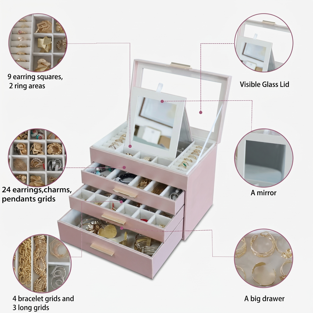 4 Layer Leather Jewellery Box With Glass Top