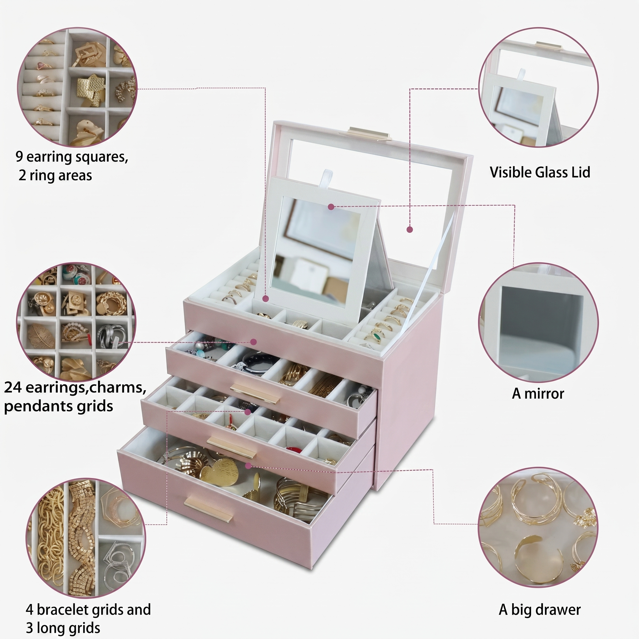 4 Layer Leather Jewellery Box With Glass Top