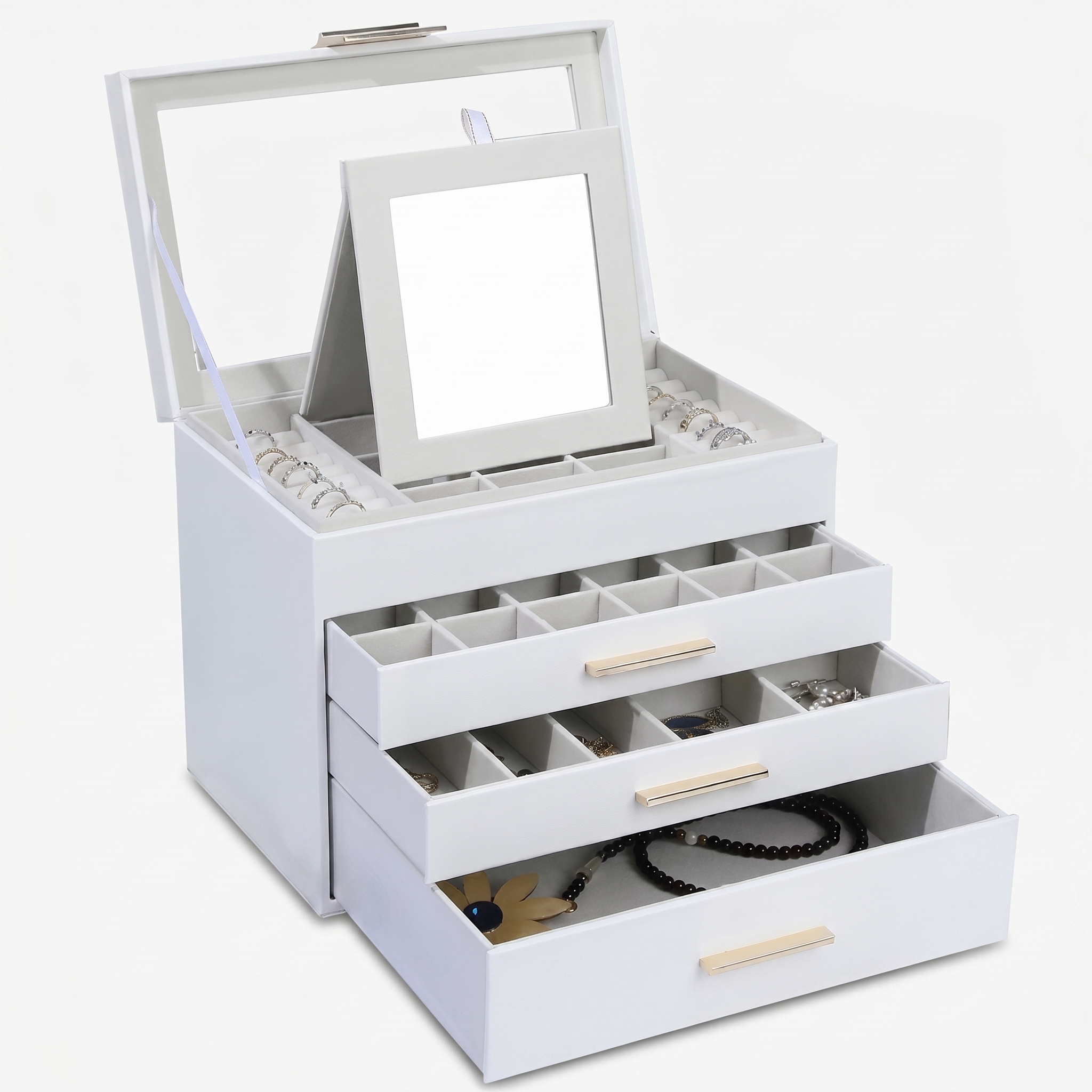 4 Layer Leather Jewellery Box With Glass Top