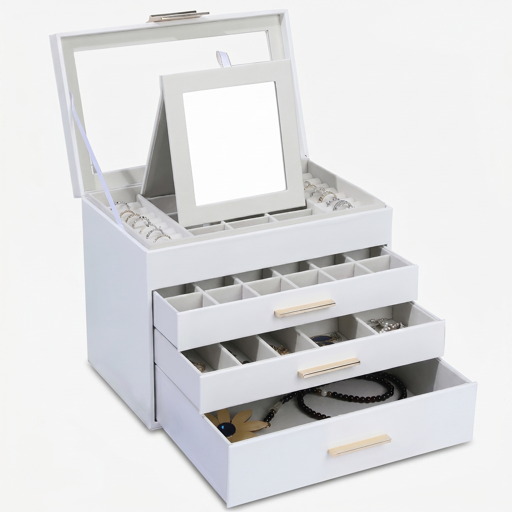 4 Layer Leather Jewellery Box With Glass Top
