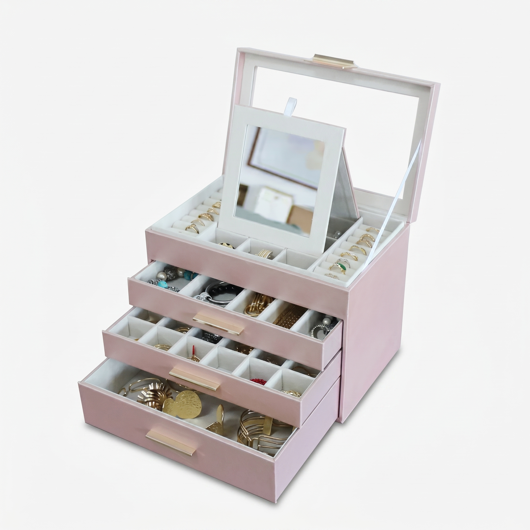 4 Layer Leather Jewellery Box With Glass Top