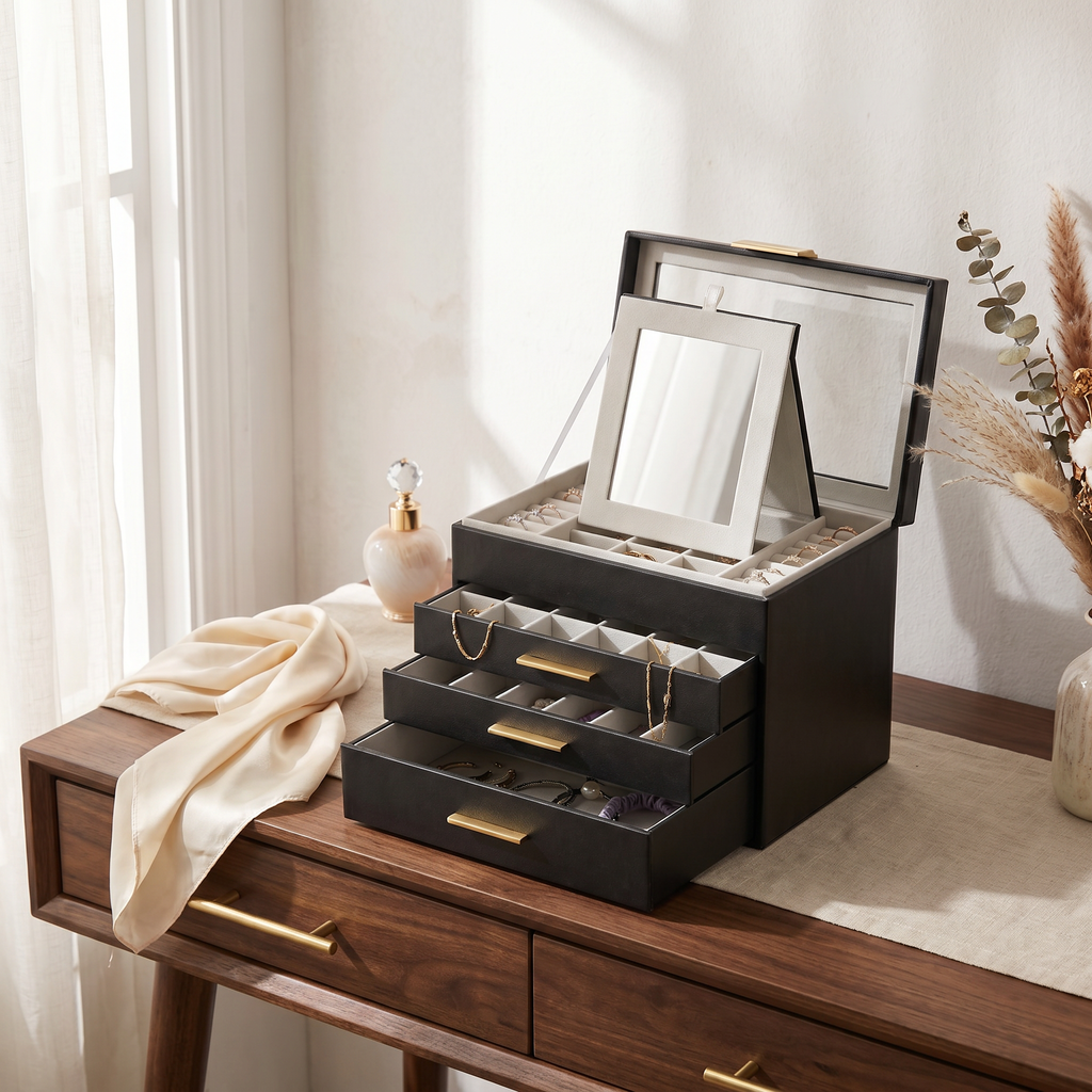 4 Layer Leather Jewellery Box With Glass Top