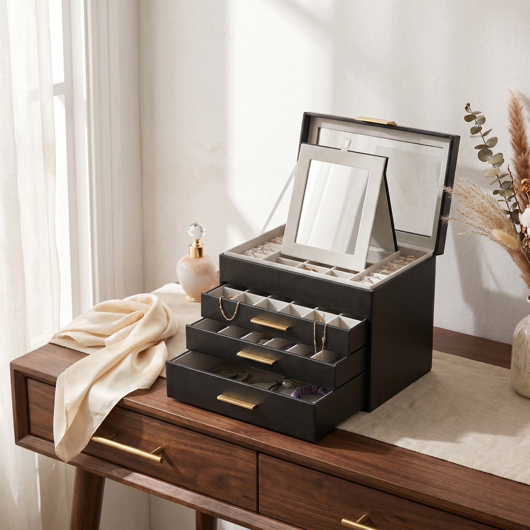 4 Layer Leather Jewellery Box With Glass Top