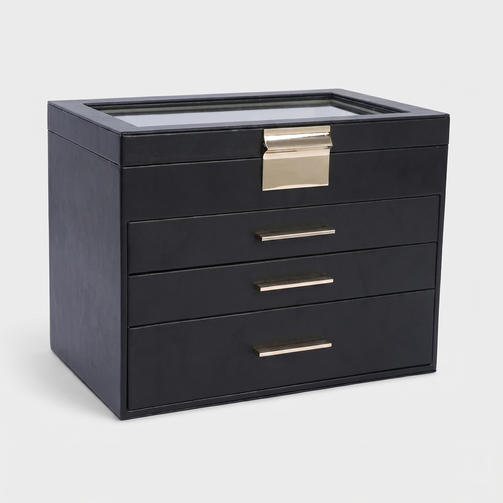 4 Layer Leather Jewellery Box With Glass Top