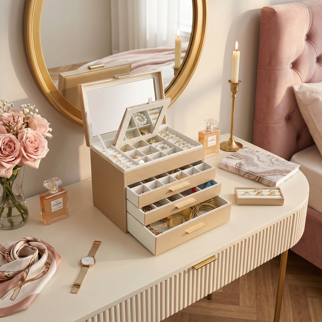 4 Layer Leather Jewellery Box With Glass Top