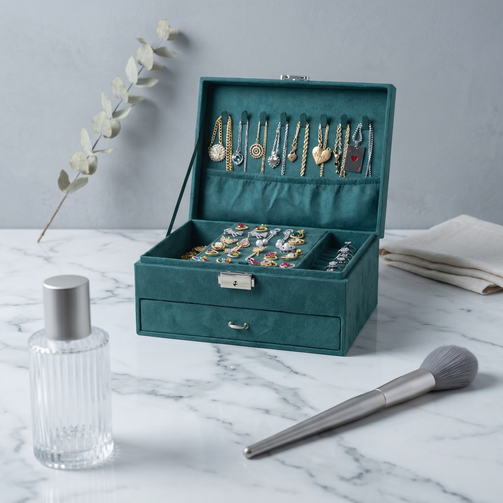 3 Layer Velvet Jewellery Box With Lock And Drawer