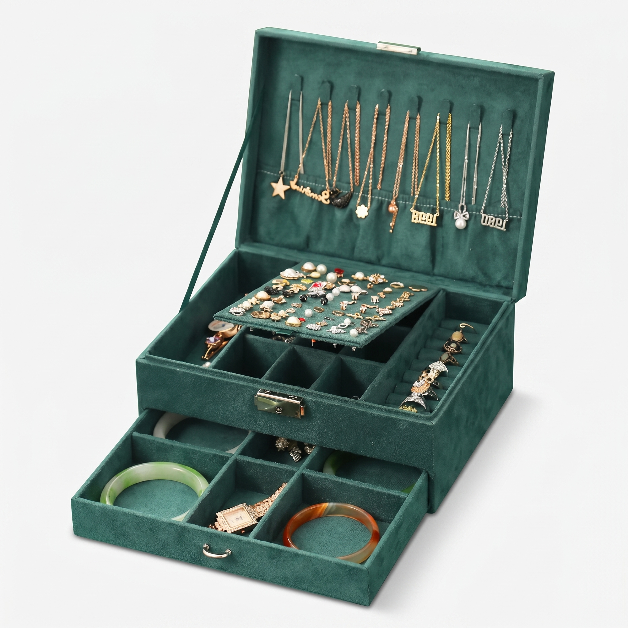 3 Layer Velvet Jewellery Box With Lock And Drawer