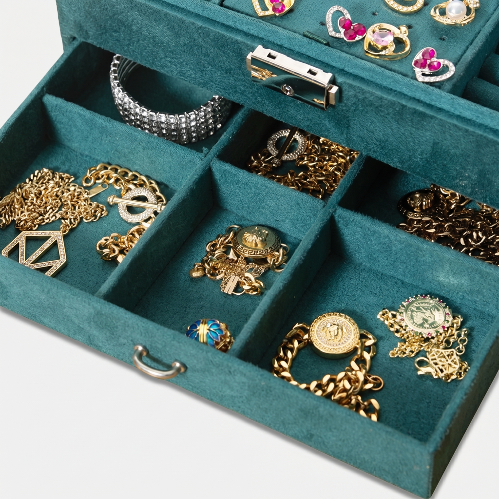3 Layer Velvet Jewellery Box With Lock And Drawer