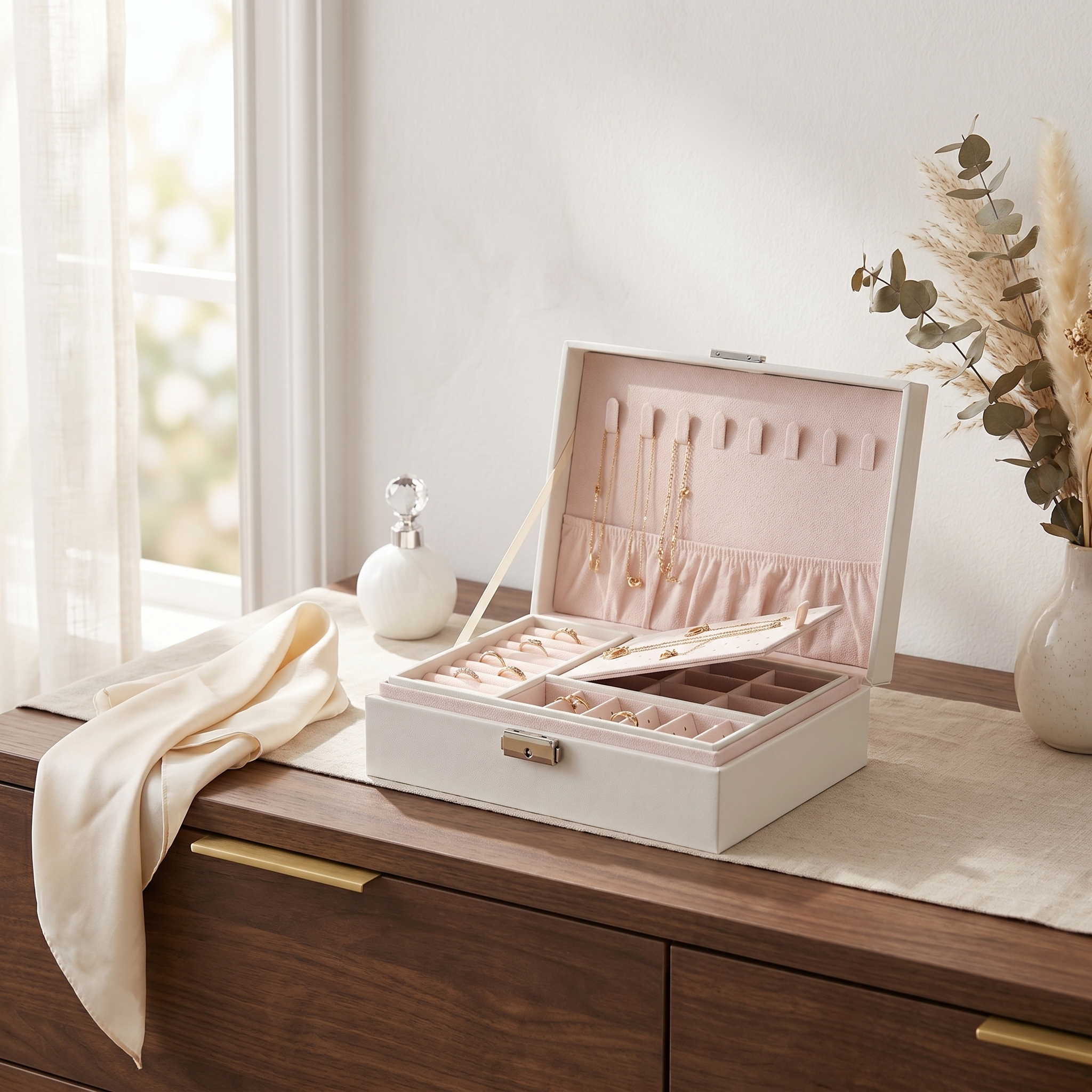 Double Layer Leather Jewellery Box With Lock
