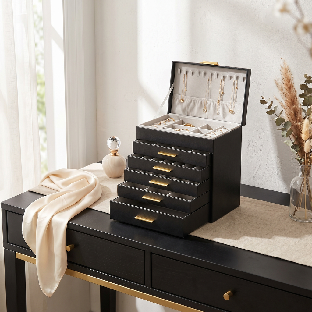 5 Drawer Leather Jewellery Box With Lock