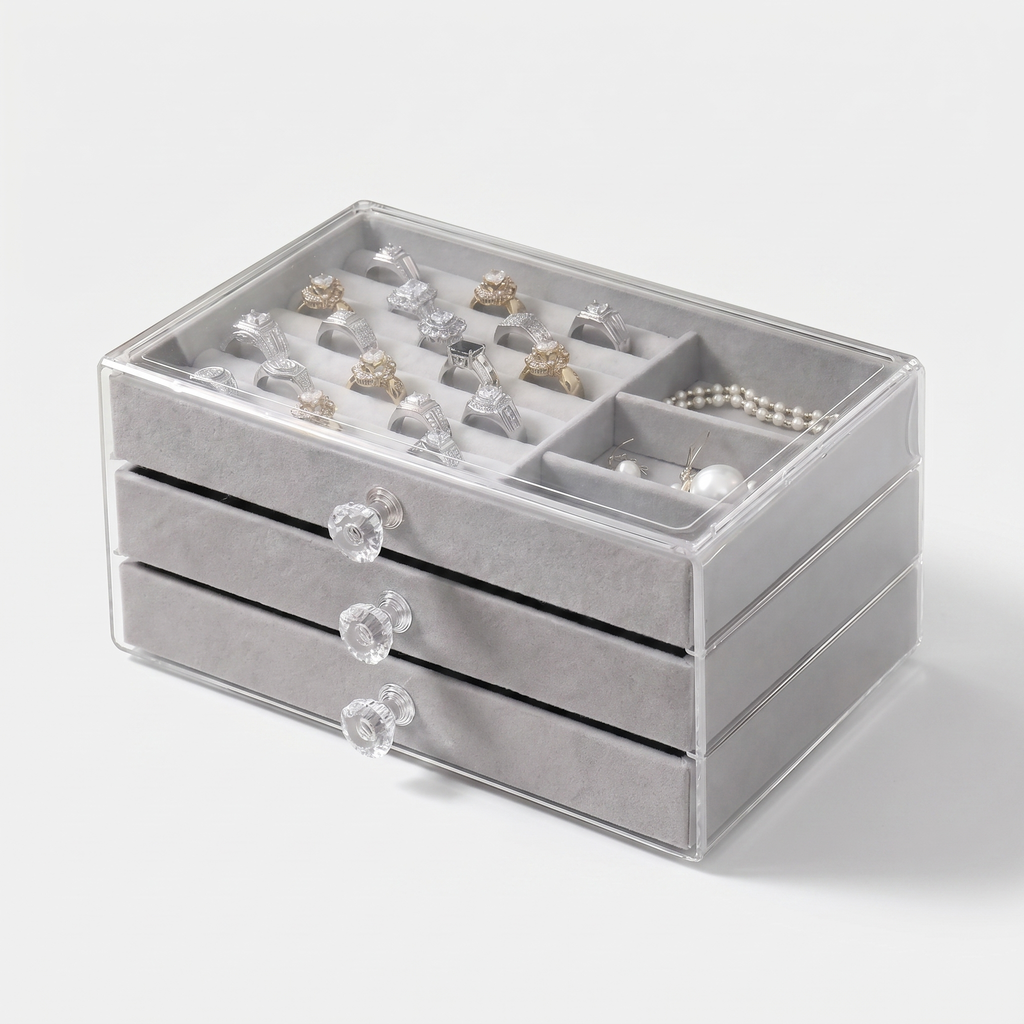 Clear Glass Jewellery Box With 3 Drawers