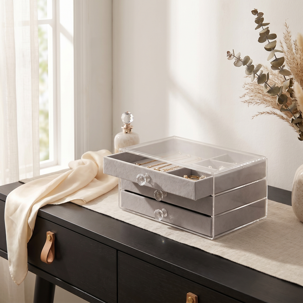 Clear Glass Jewellery Box With 3 Drawers