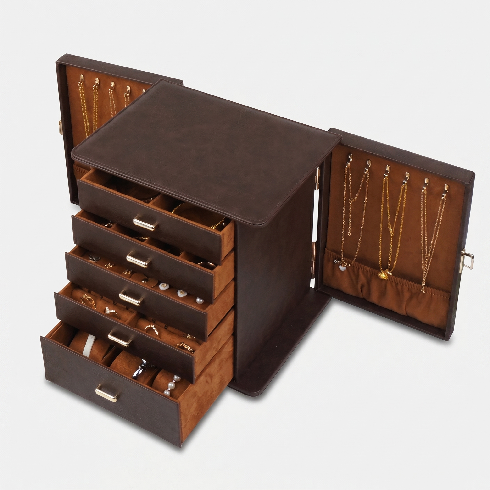 Large Leather Jewellery Box With Drawers And Mirror