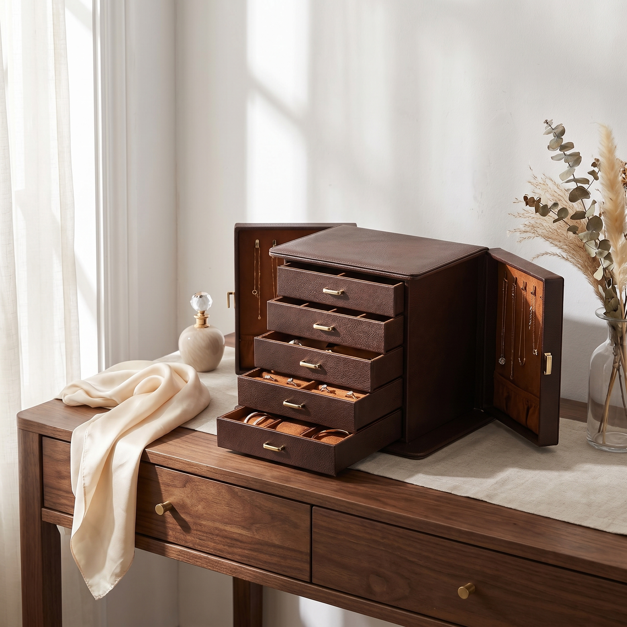 Large Leather Jewellery Box With Drawers And Mirror
