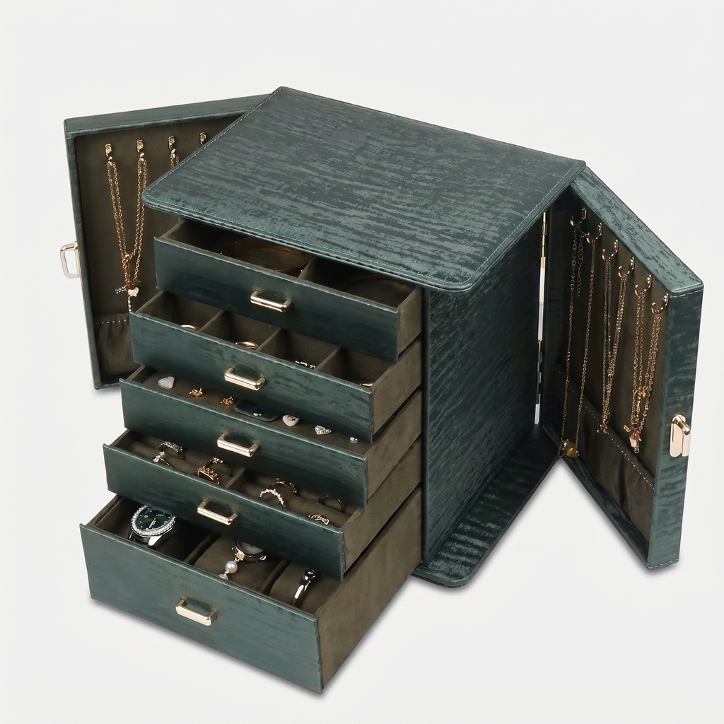 Large Leather Jewellery Box With Drawers And Mirror