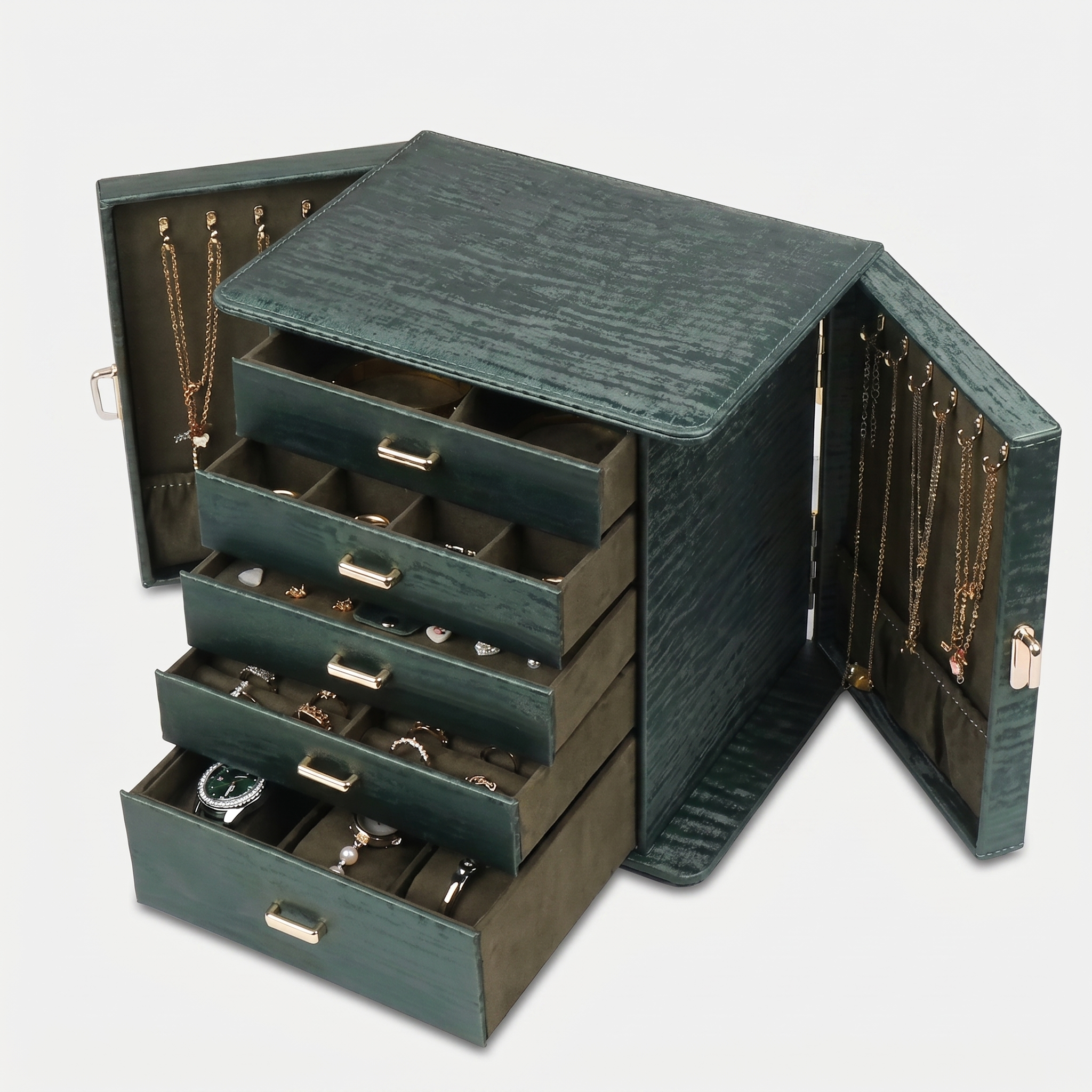 Large Leather Jewellery Box With Drawers And Mirror