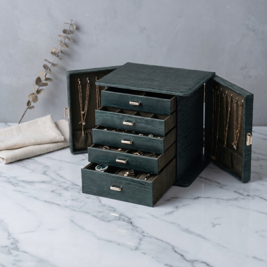 Large Leather Jewellery Box With Drawers And Mirror