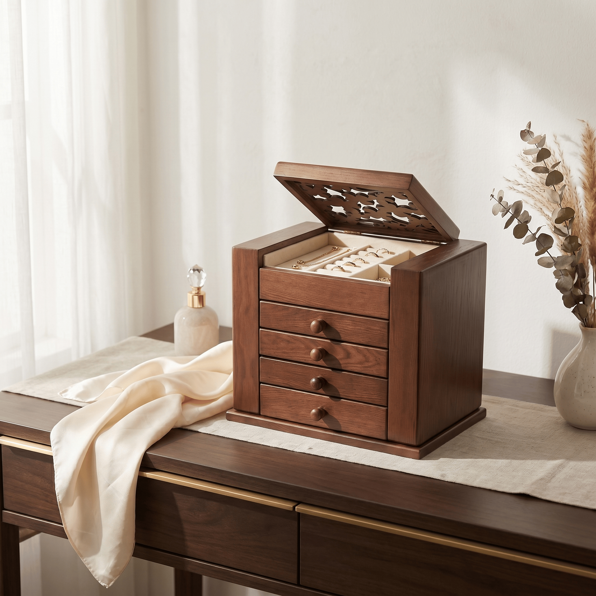 Large Vintage Wooden Jewellery Box With Drawers - My Jewellery Box