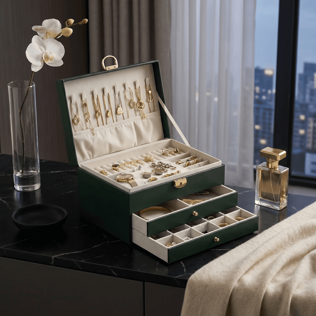 Quilted 3-Layer Jewellery Box with Lock - My Jewellery Box